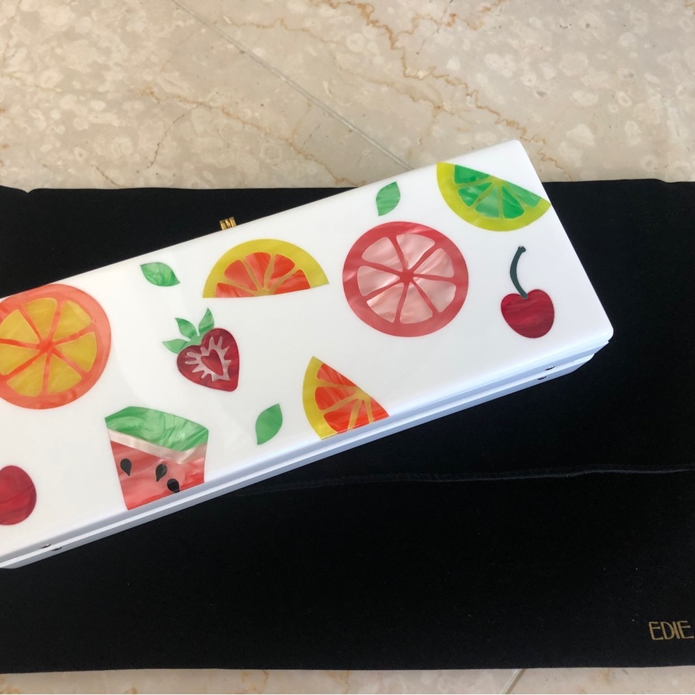 Edie Parker Flavia Fruit Cocktail Frame Clutch Bag White-Color 🍉🍊🍒🍓🍎🍋